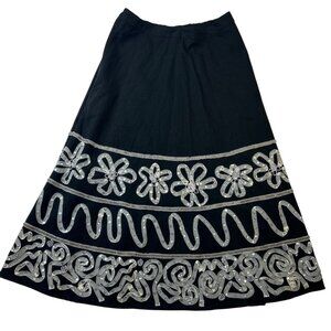 Black Silver Embroidered Sequin Embellished Linen Full Midi Skirt Boho Festival